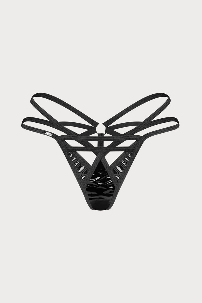 Obsessive Keira Lise Black Strappy Thong - Wet Look Lingerie
