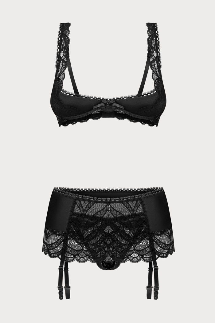 Lecille Black Open Bra, Thong & Suspender