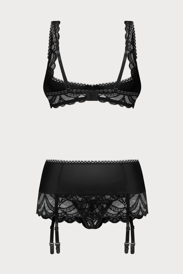 Lecille Black Open Bra, Thong & Suspender