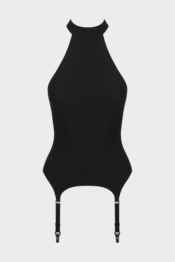 Black halter top with thin straps on a light gray background - Nuit Infinie Suspender Top