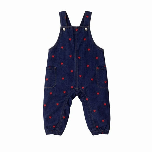 one piece denim heart printed pocket overalls - red hearts