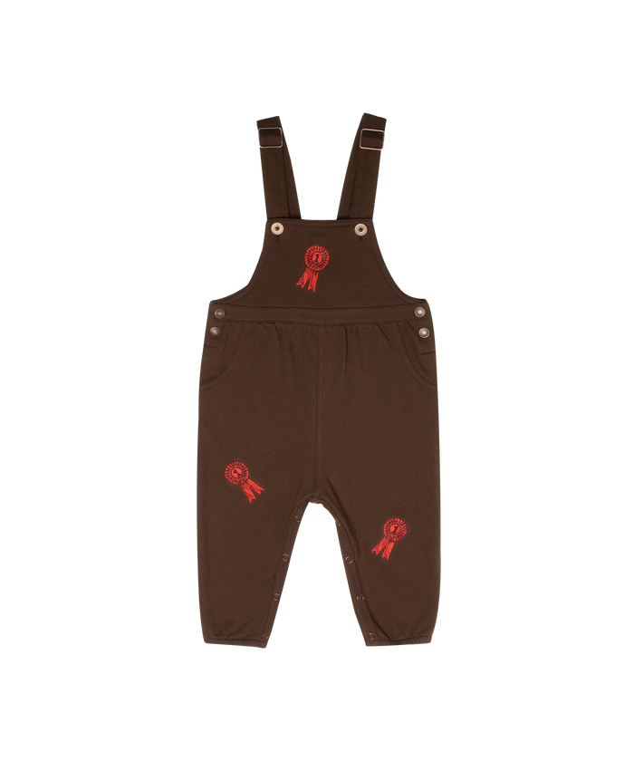 one piece embroidered badge long overalls - chocolate