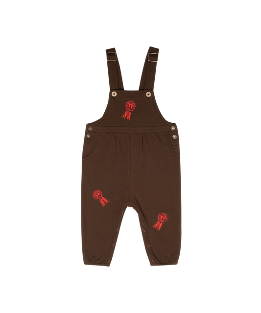 one piece embroidered badge long overalls - chocolate