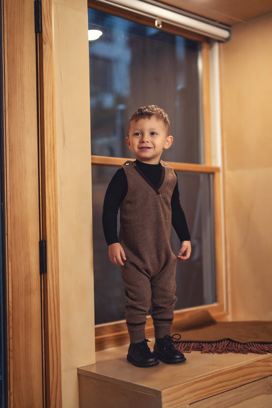 one piece knit striped v neck overalls - mocha-491