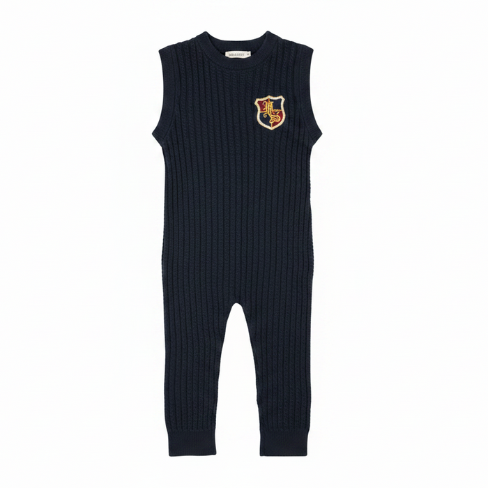 one piece mini cable knit emblem long romper - navy