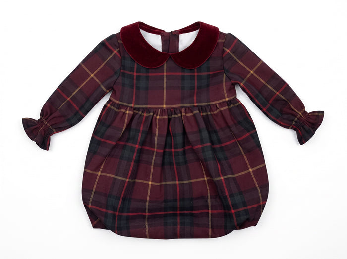 one piece plaid high waisted romper with velour collar - burgundy