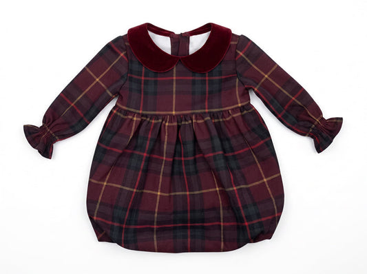 one piece plaid high waisted romper with velour collar - burgundy
