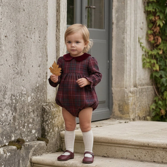 one piece plaid high waisted romper with velour collar - burgundy