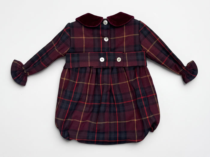 one piece plaid high waisted romper with velour collar - burgundy