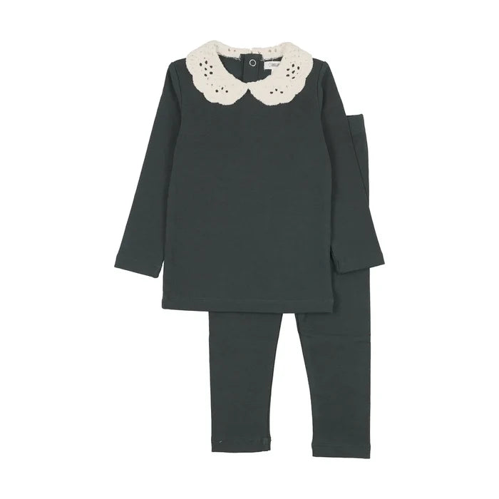 pajamas crochet collar top and pants - dark green