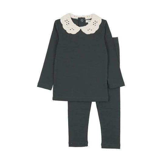 pajamas crochet collar top and pants - dark green