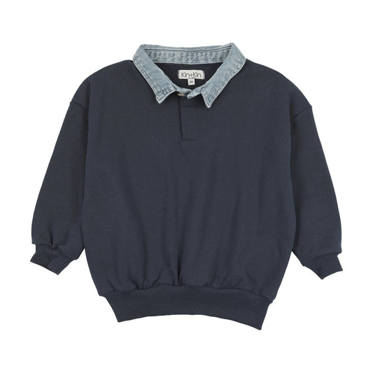 polo l/s denim collar oversized sweatshirt - navy