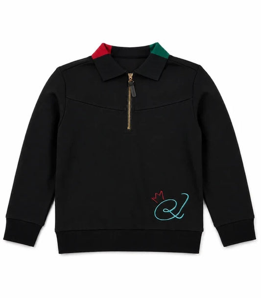 polo l/s embroidered sweatshirt with color block collar - black