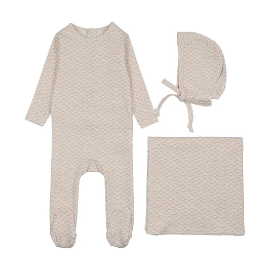 set footie mini flora with bonnet and blanket - cream/mauve