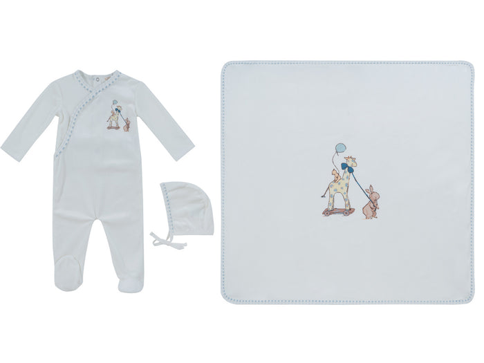 set footie velour giraffe print with bonnet and blanket - white/blue