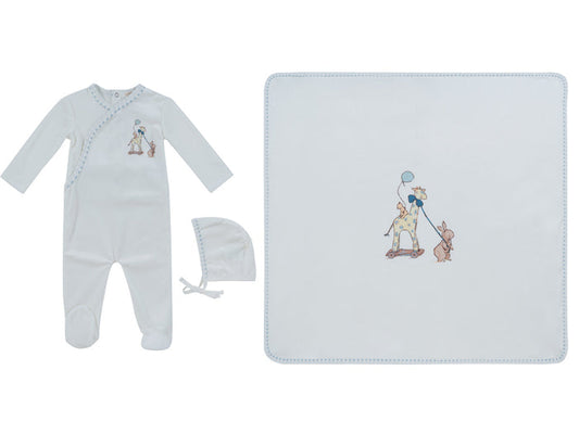 set footie velour giraffe print with bonnet and blanket - white/blue