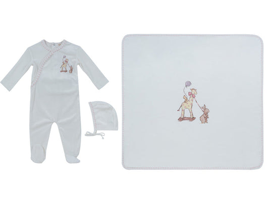 set footie velour giraffe print with bonnet and blanket - white/pink
