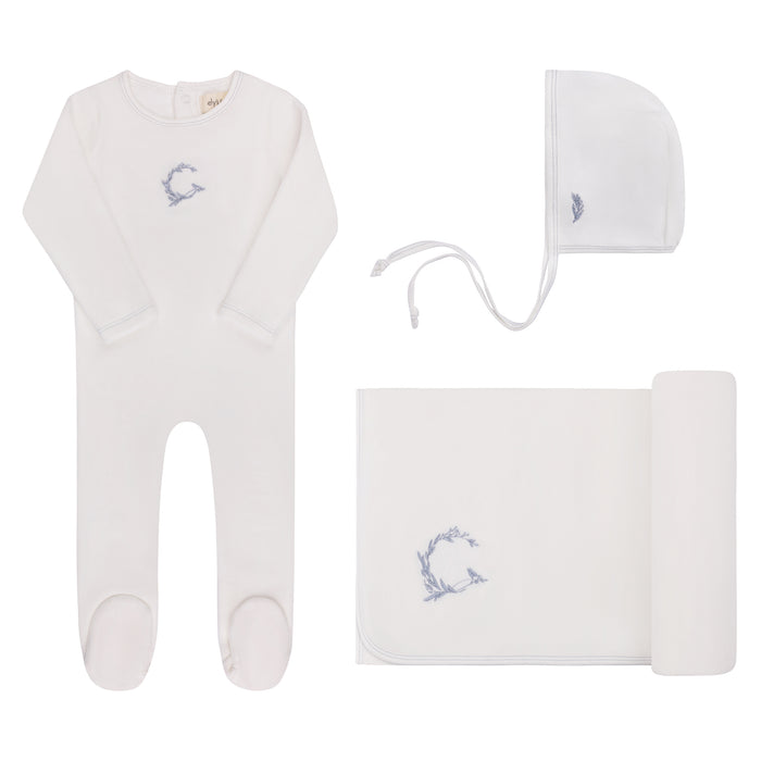 set footie velour metallic wreath with bonnet and blanket - ivory boy