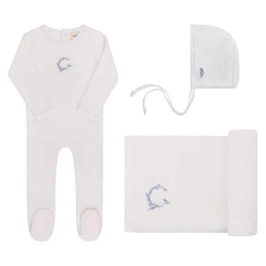 set footie velour metallic wreath with bonnet and blanket - ivory boy