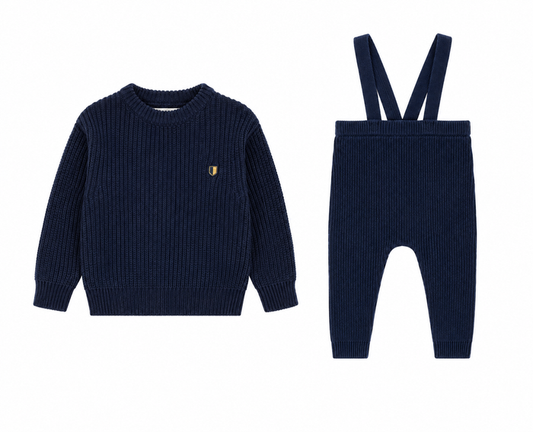 set knit fair isle crew neck sweater and overalls - dark navy