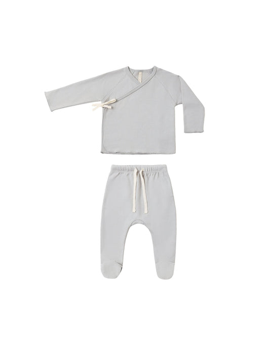 set knit wrap top and footie pants with knot beanie - cloud
