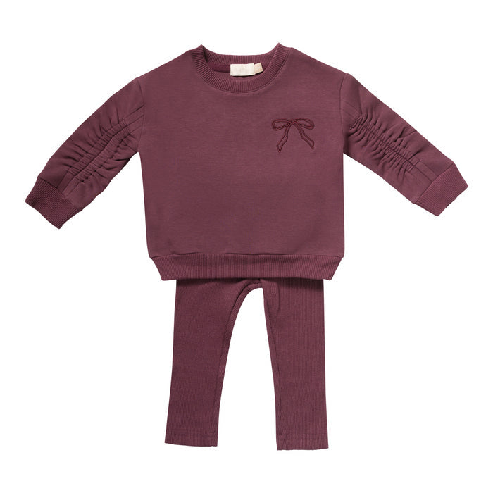 set outfit bow embroidered sweatshirt and sweatpants  - eggplant-84