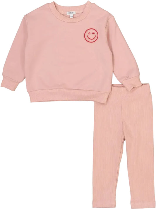 set outfit embossed smiley sweatshirt and leggings - pink