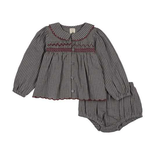 set outfit plaid smocked blouse and bloomers - soft gray plaid