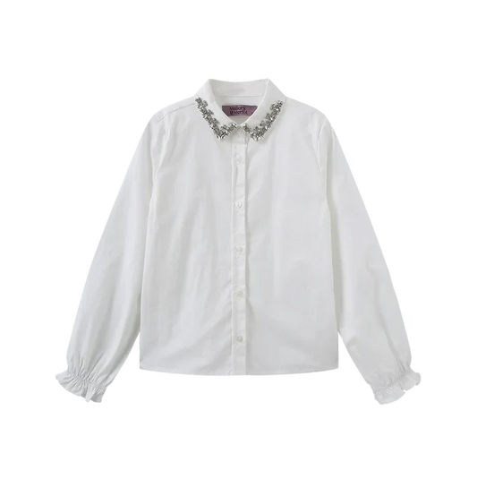 shirt l/s crystal collar - white