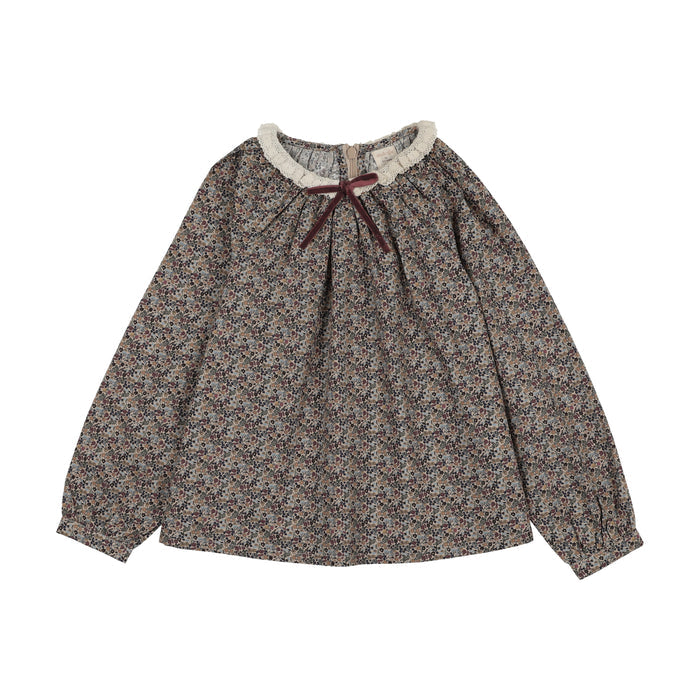 shirt l/s home garden lace trim blouse - oxford tan print