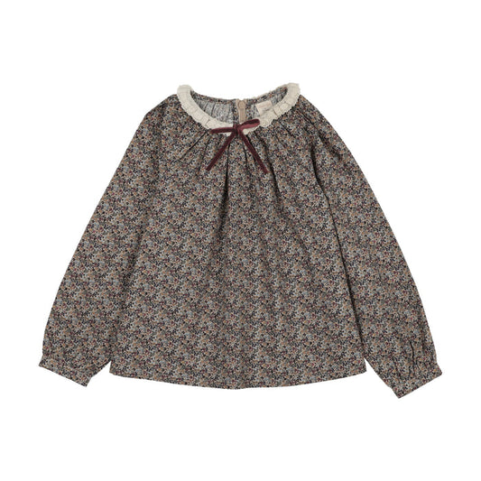 shirt l/s home garden lace trim blouse - oxford tan print