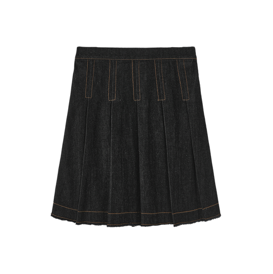 skirt denim pleated fringed hem - black denim