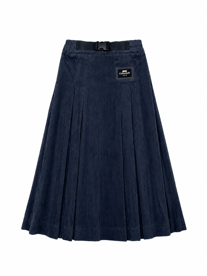 skirt midi corduroy pleated with waist buckle - navy