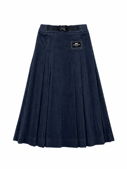 skirt midi corduroy pleated with waist buckle - navy