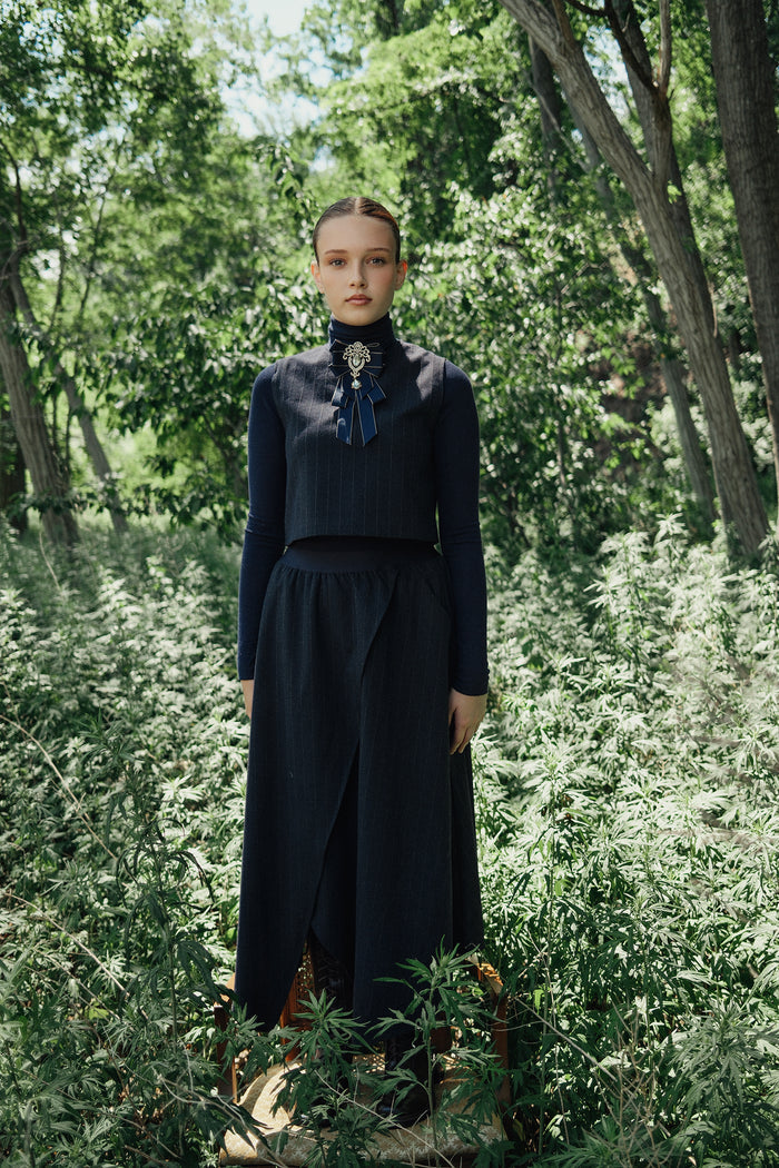 skirt midi wool pinstriped wrap look - navy