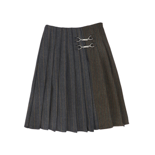 skirt pleated herringbone stripe with double buckle - charcoal