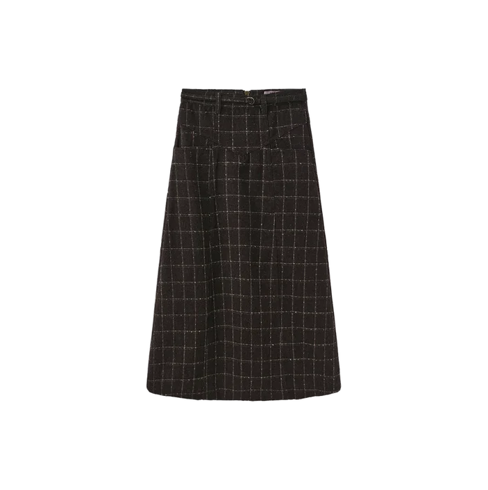 skirt wool plaid with thin waist belt - brown