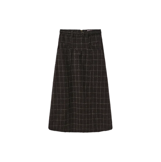 skirt wool plaid with thin waist belt - brown