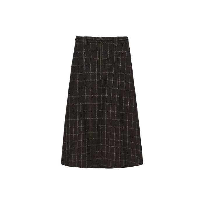 skirt wool plaid with thin waist belt - brown
