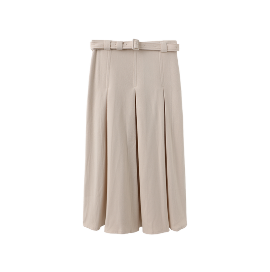 skirt wool wide pleated with waist belt - cream