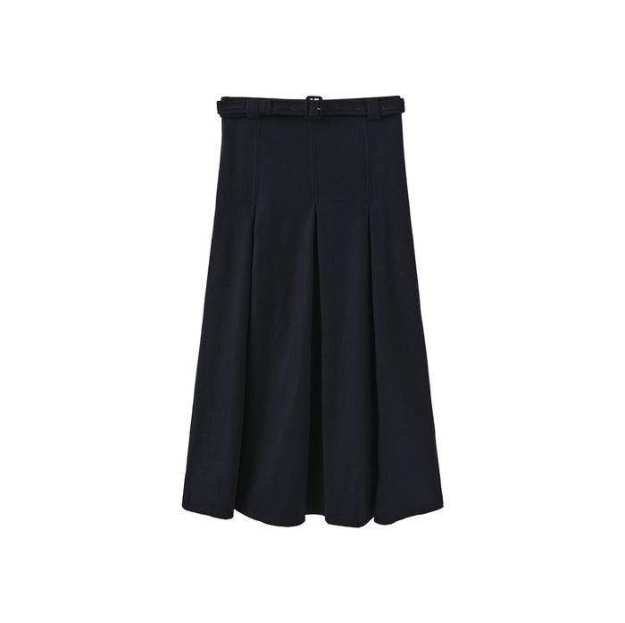 skirt wool wide pleated with waist belt - navy