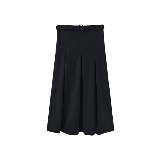 skirt wool wide pleated with waist belt - navy
