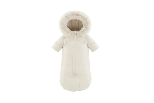snowsuit down trimmed suspender bows with fur hood - ivory