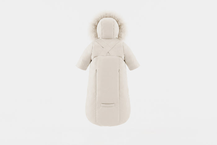 snowsuit down trimmed suspender bows with fur hood - ivory