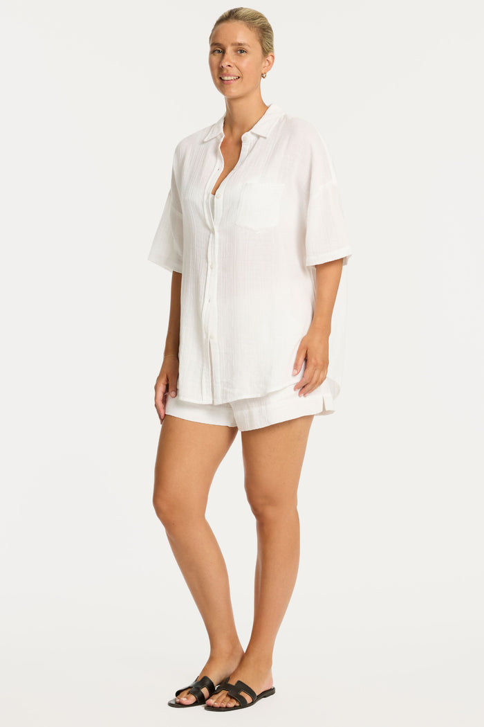 Sunset Aloha Cotton White Short Sleeve Shirt, Size L (UK 14)