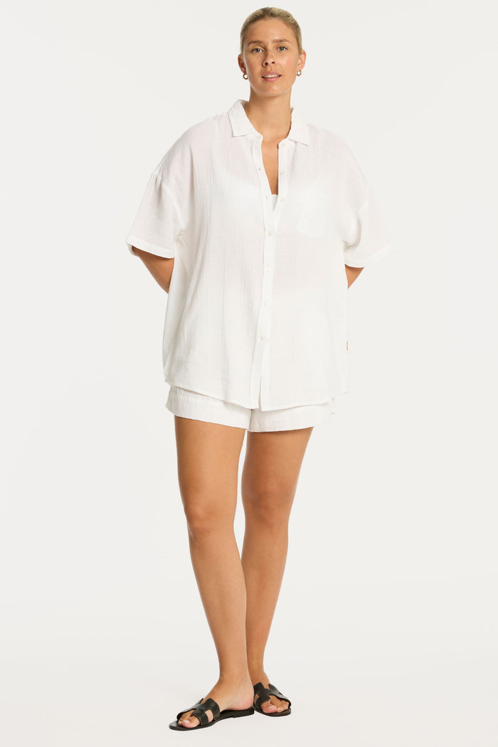 Sunset Aloha Cotton White Short Sleeve Shirt, Size L (UK 14)