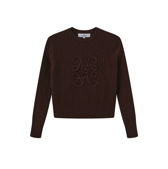 top l/s braided cable knit sweater - brown