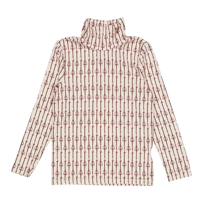 top l/s buckle print turtleneck - white/burgundy