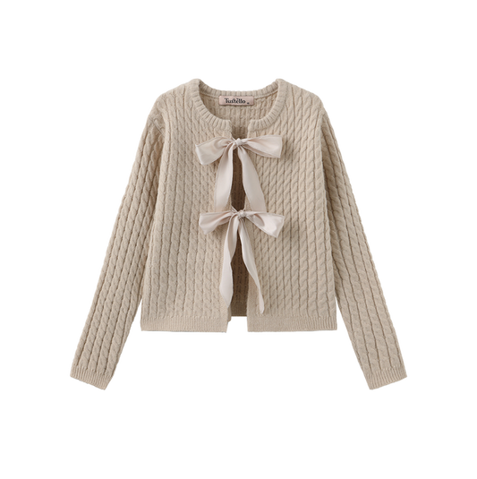 top l/s cable knit bow cardigan - oatmeal