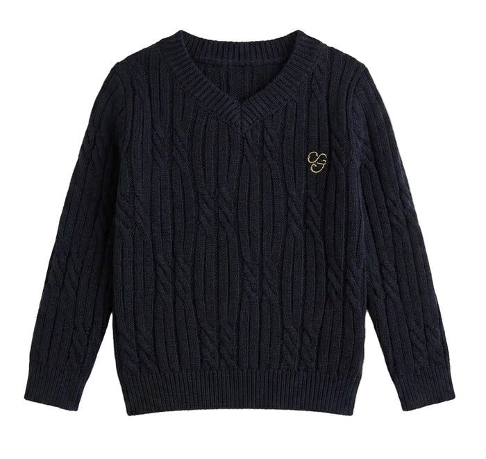 top l/s cable knit logo sweater - navy